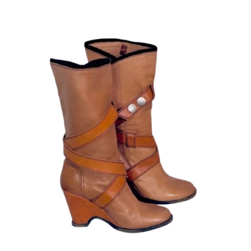 Vintage Miss Sixty Brown Leather Mid-Calf Boots Buttons Tooled Sz 8 Boho Chic